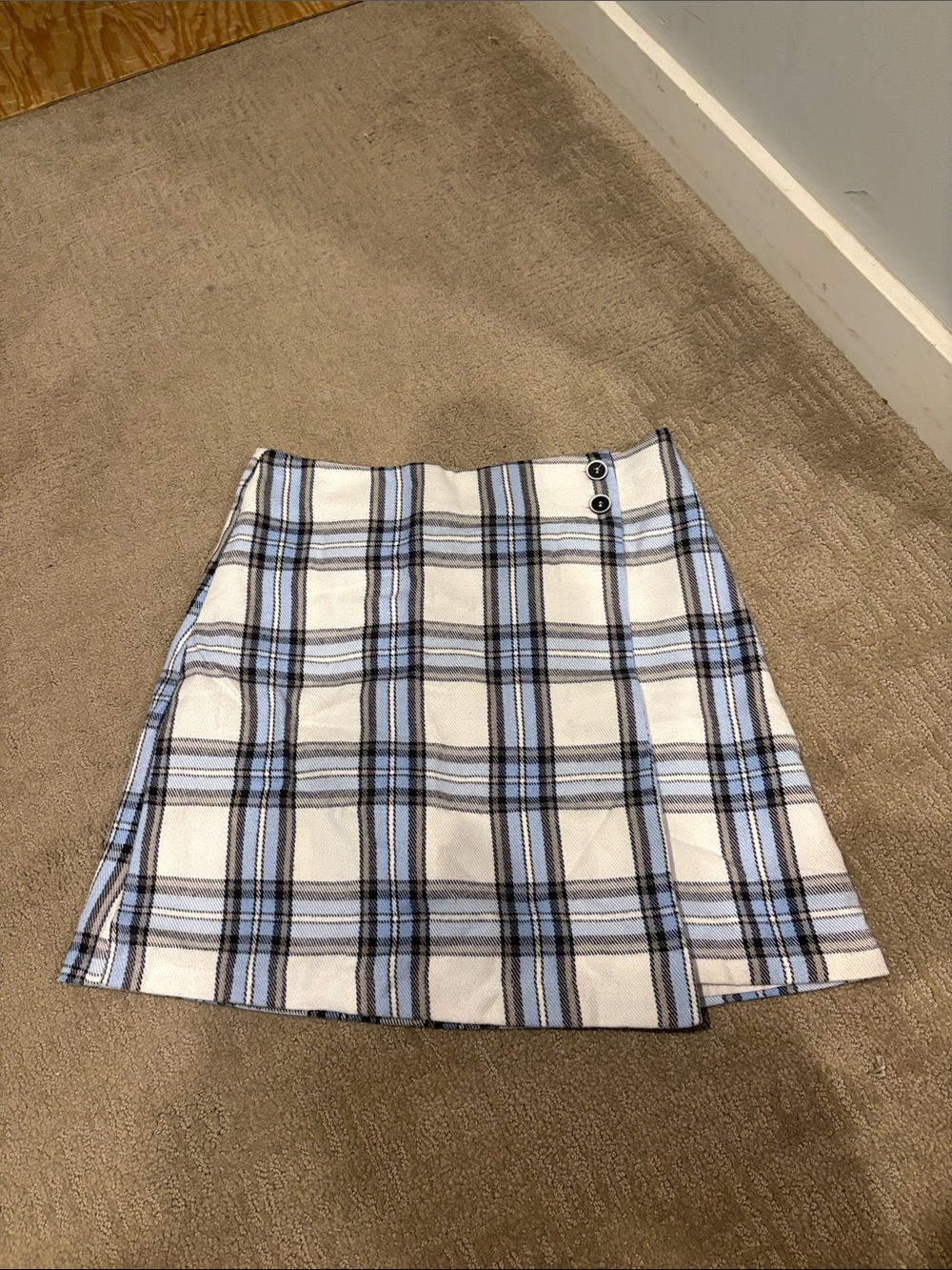 Blue Rain White and Light Blue Plaid A-Line Mini Skirt